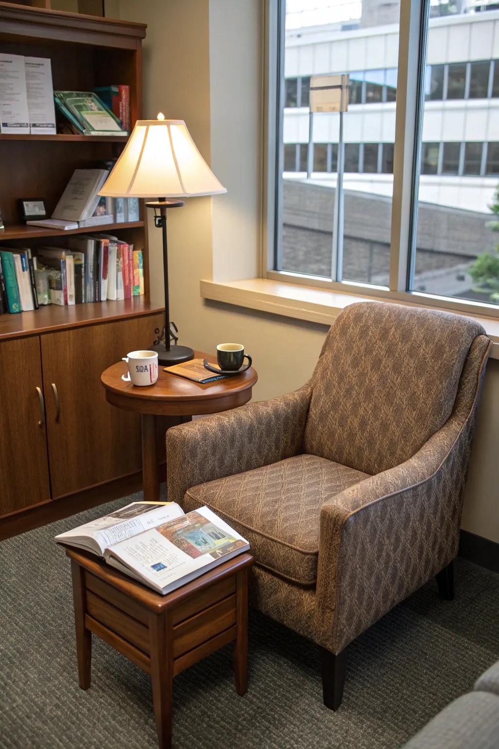 A reading corner provides a cozy escape within your office.