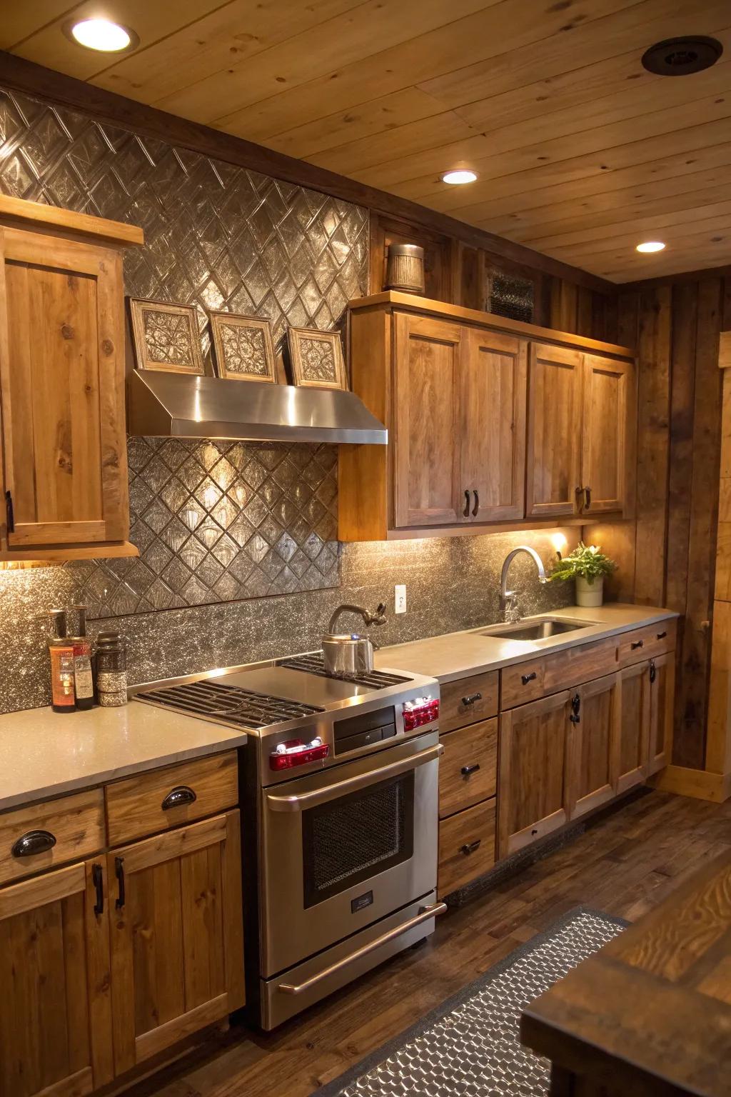 A kitchen featuring a rustic wood and metal tile backsplash for a cozy blend.