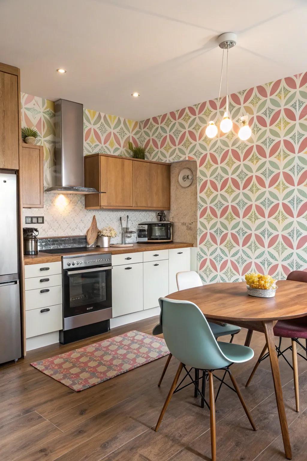 Retro patterned wallpaper adds a nostalgic touch to this kitchen.