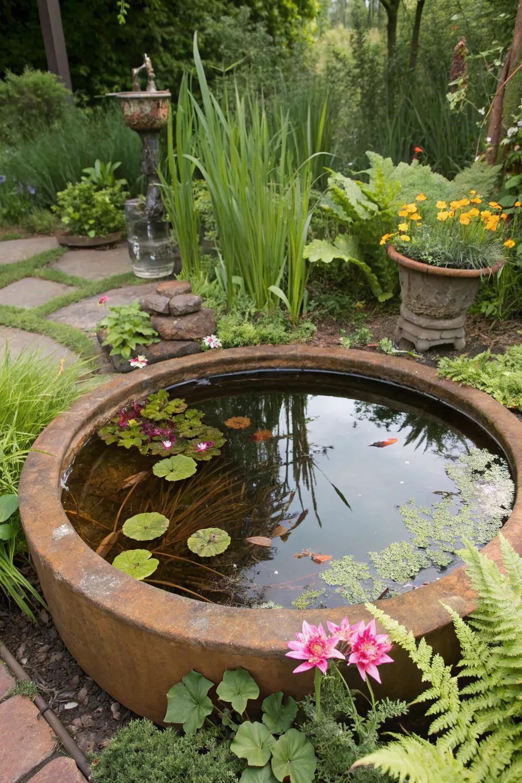 A rustic fire pit rim reborn as a one-of-a-kind mini pond.