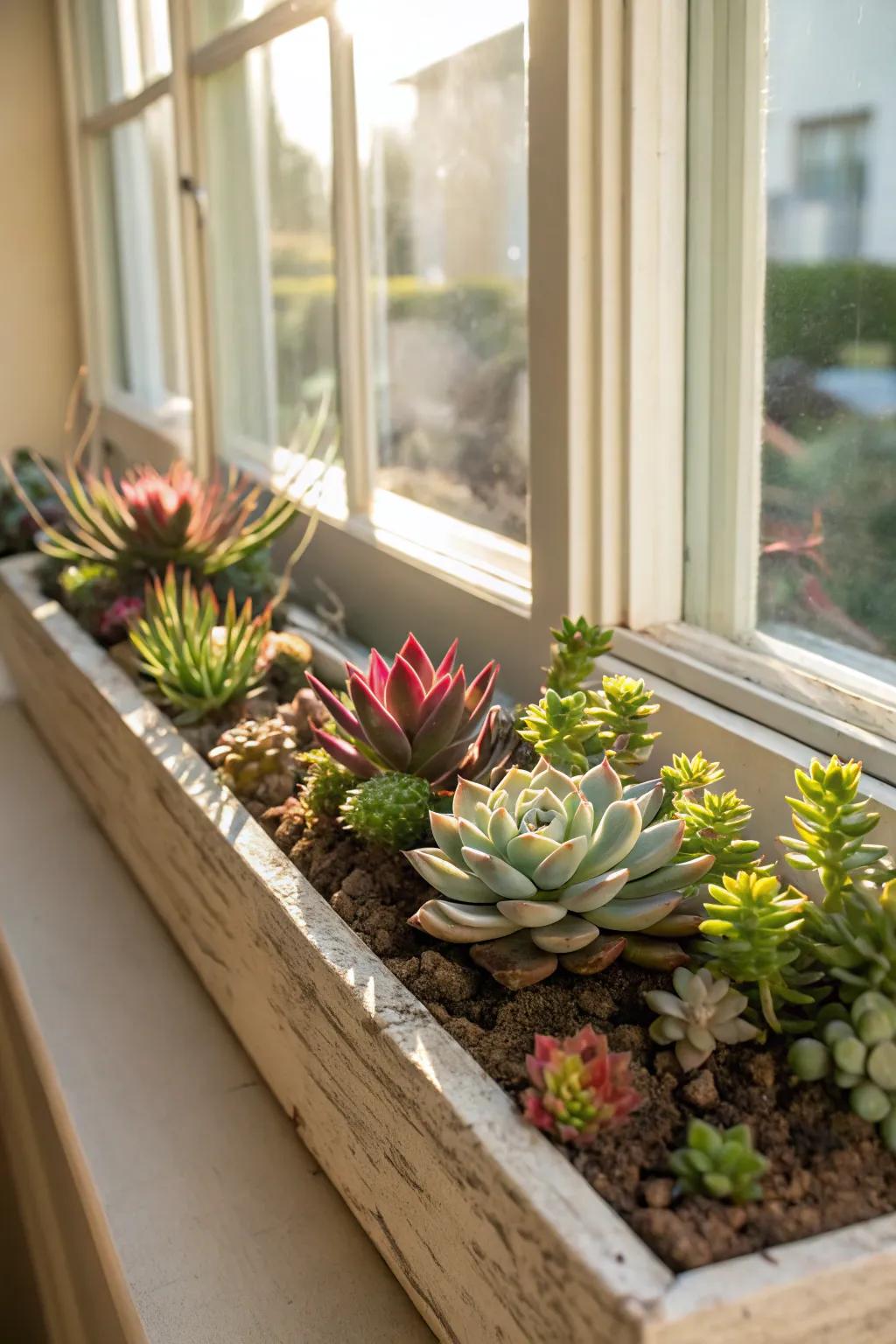A sill brimming with succulents brings the outdoors indoors.