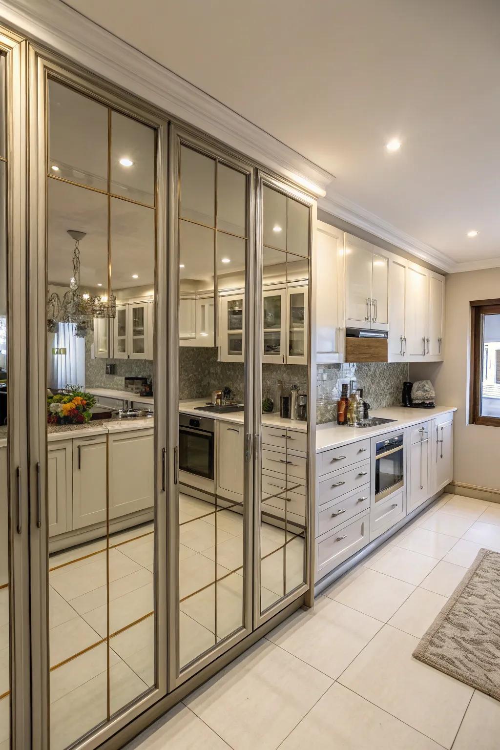 Mirrored cabinet doors that dramatically enhance light and spaciousness in the kitchen.
