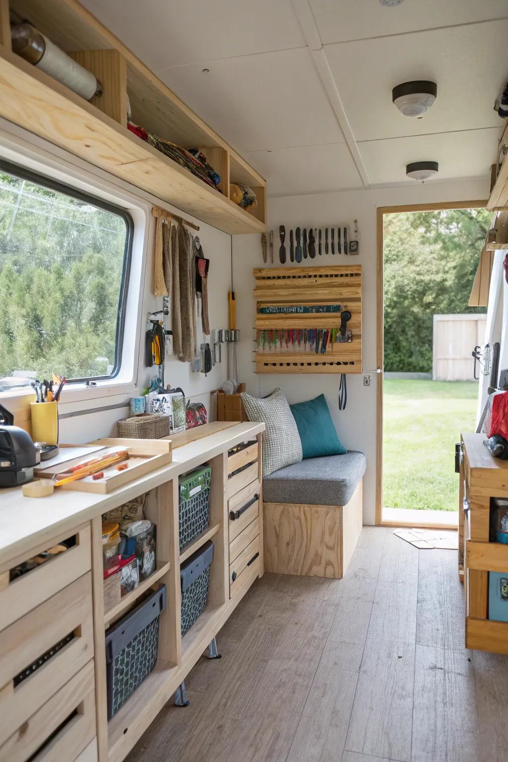 A well-organized crafting chamber featuring instruments and crafting supplies, ideal for hobbyists and DIY aficionados.