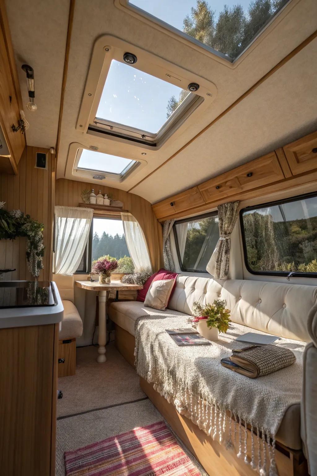 A skylight brings natural light and openness.