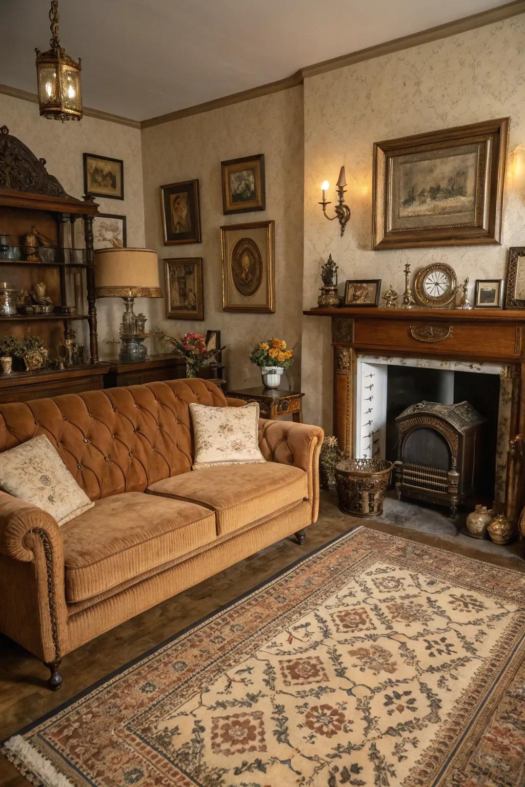 Vintage elements add charm and nostalgia to the cacao sofa area.