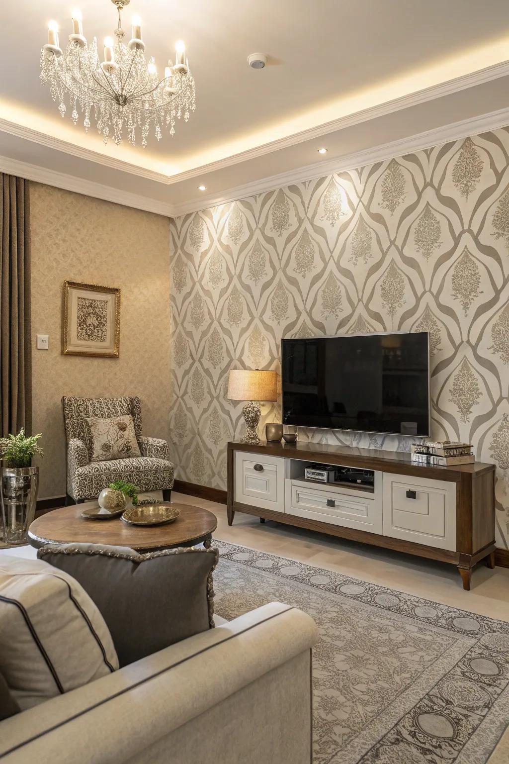 Subtle wallpaper patterns add elegance to the TV wall.