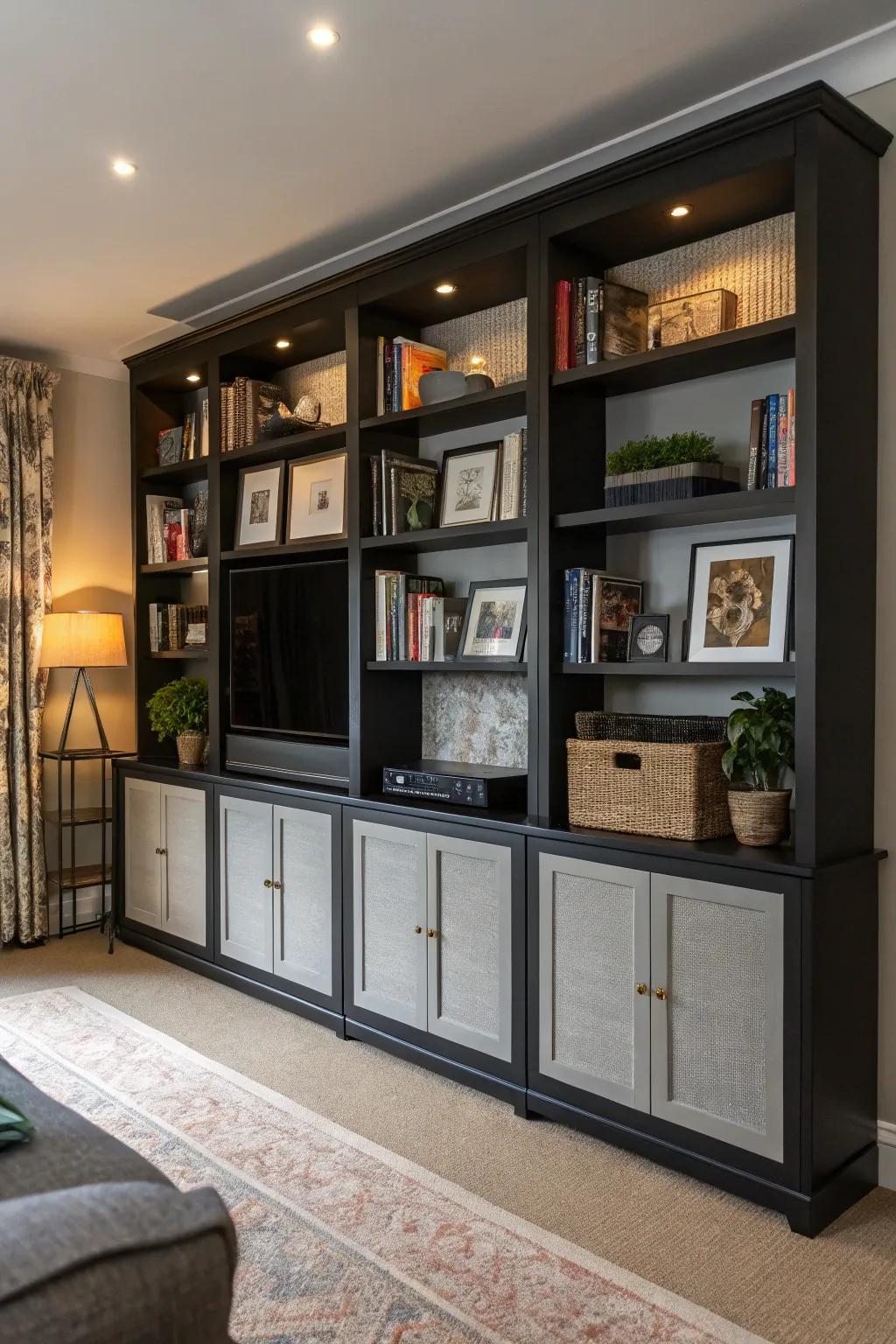 Black shelving units with grey backing provide a stylish display.