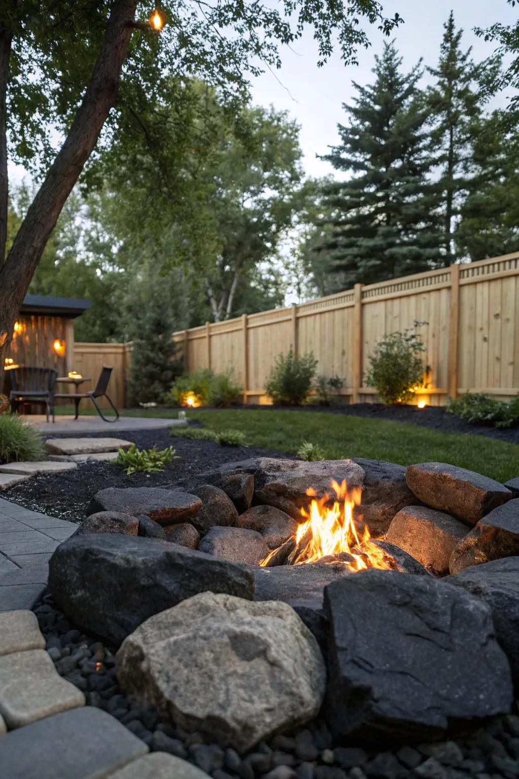 Black rocks create a cozy fire pit area.