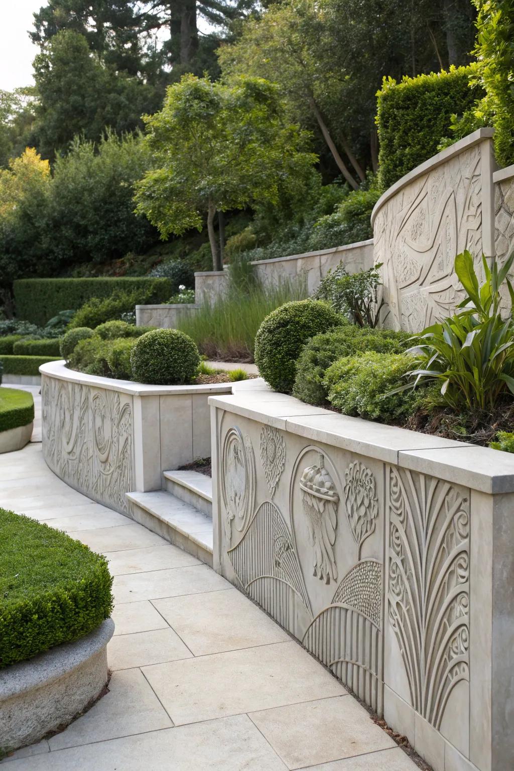 Carved concrete wall as an artistic focal component.