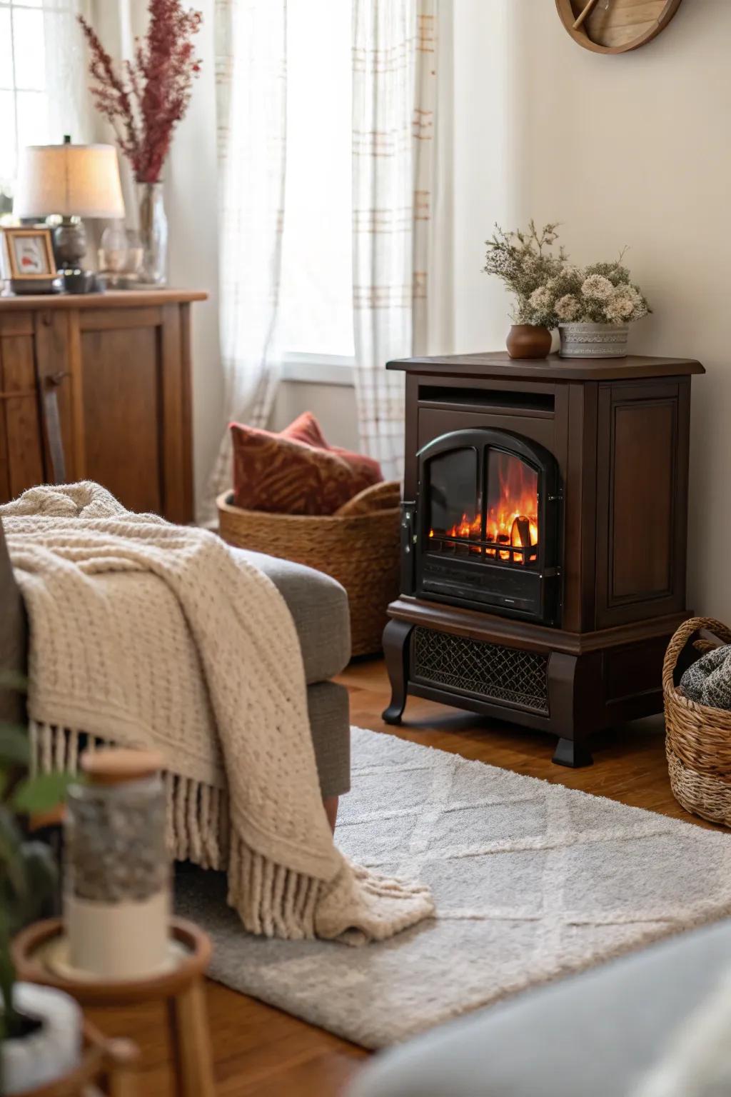 A compact electric fireplace turns a corner into a warm, inviting spot.