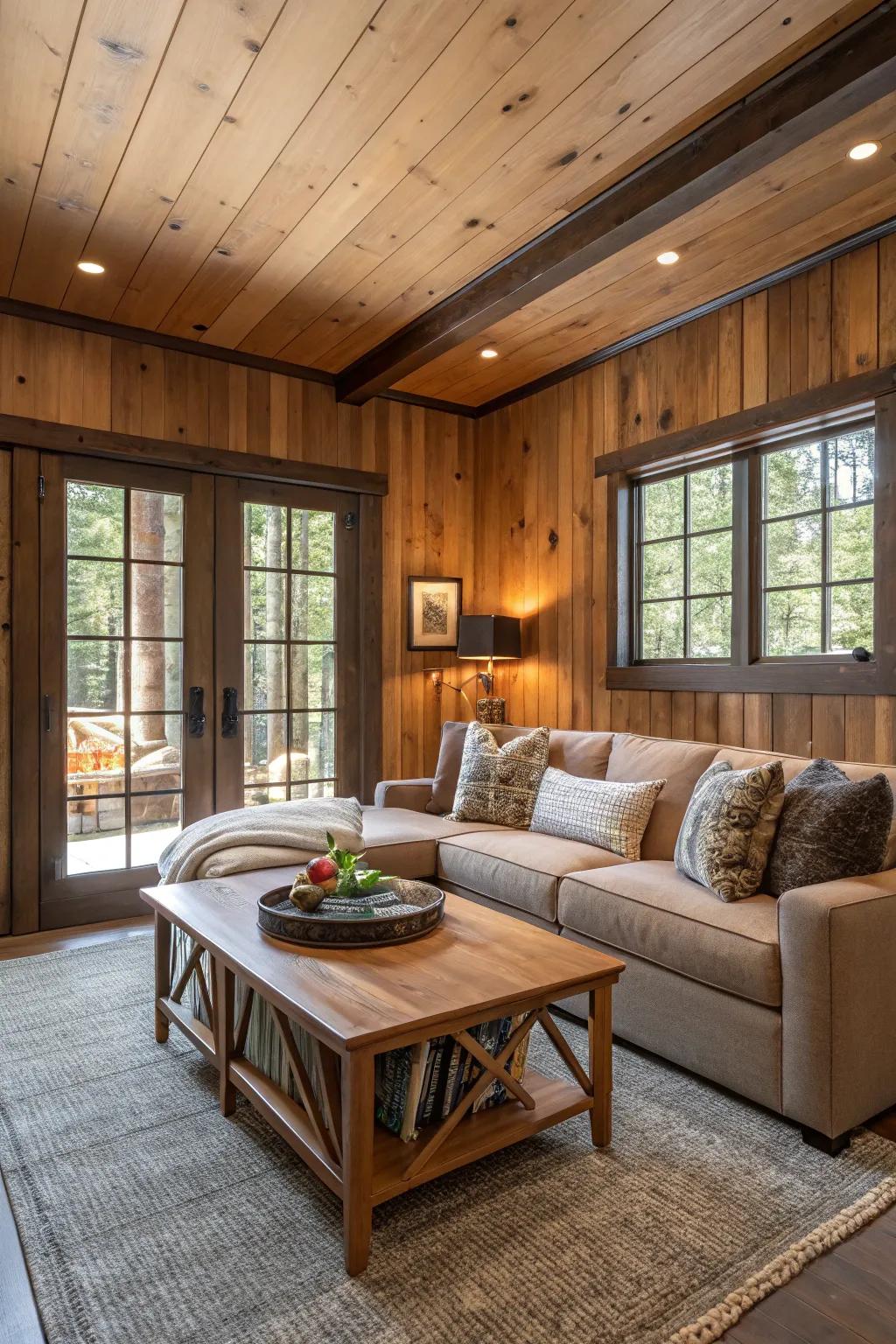 Modern wood paneling that brings warmth and style to a family room.