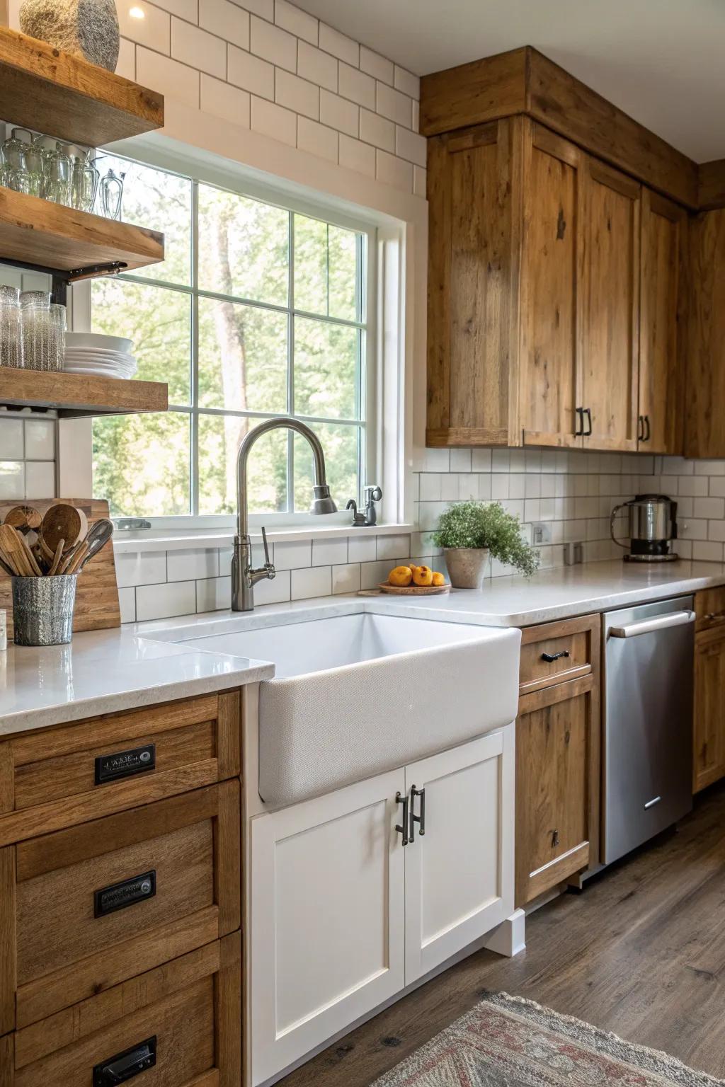 A farmhouse basin blends functionality with classic style in this kitchen.