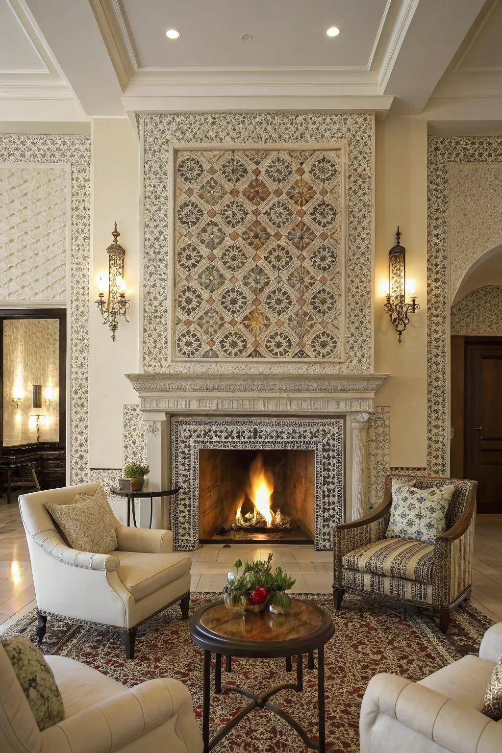 A complex tessellated tile design on a fireplace.