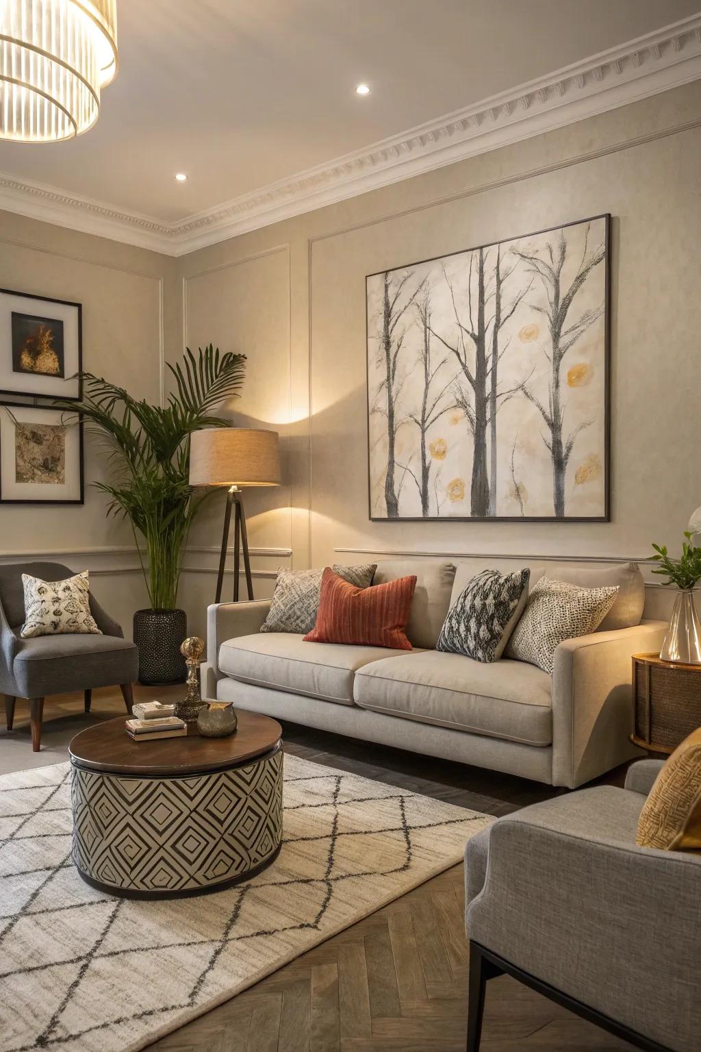 Prominent art imparts drama and character to the space.