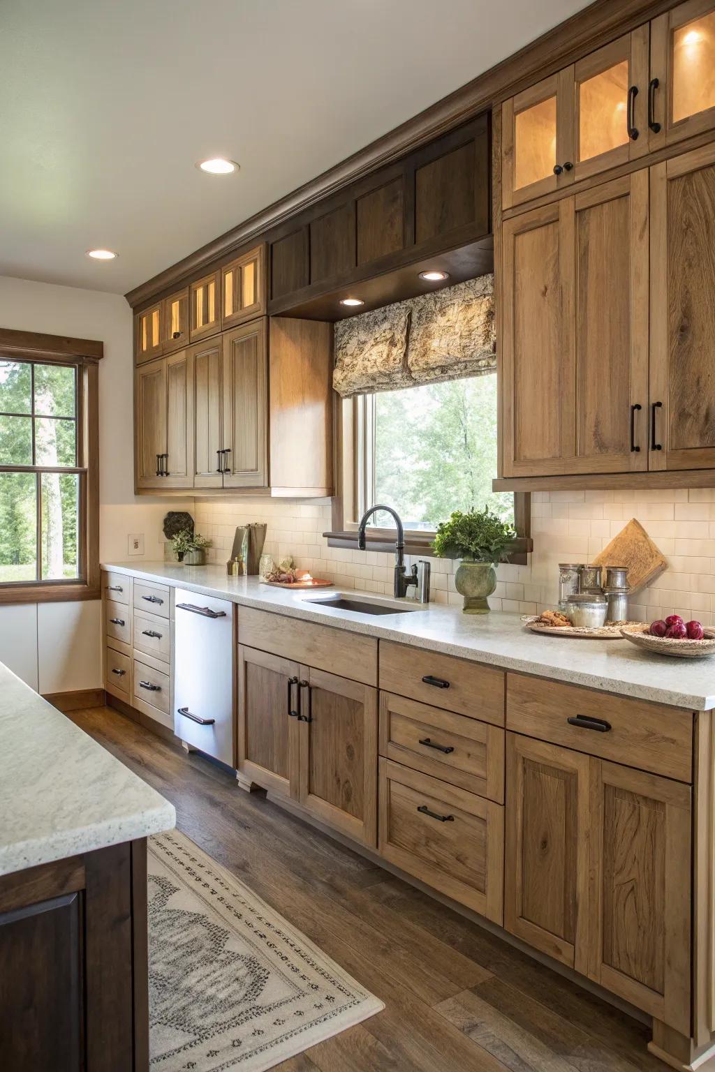 A two-tone design adds depth and style to hickory kitchens.