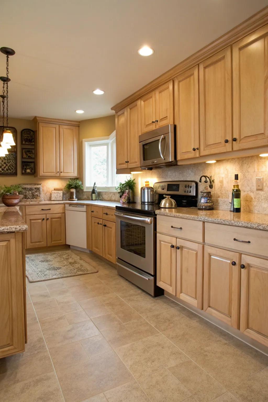 Neutral flooring complements the warm tones of light maple cabinets.