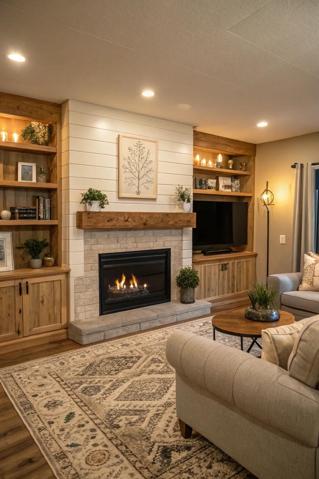 A cozy living room featuring a natural wood shiplap fireplace.