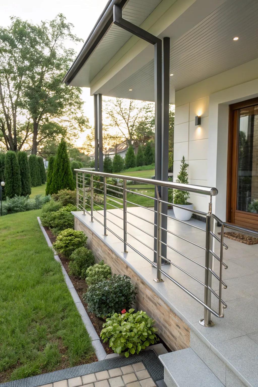 A small front porch with sleek railings for a modern and safe design.