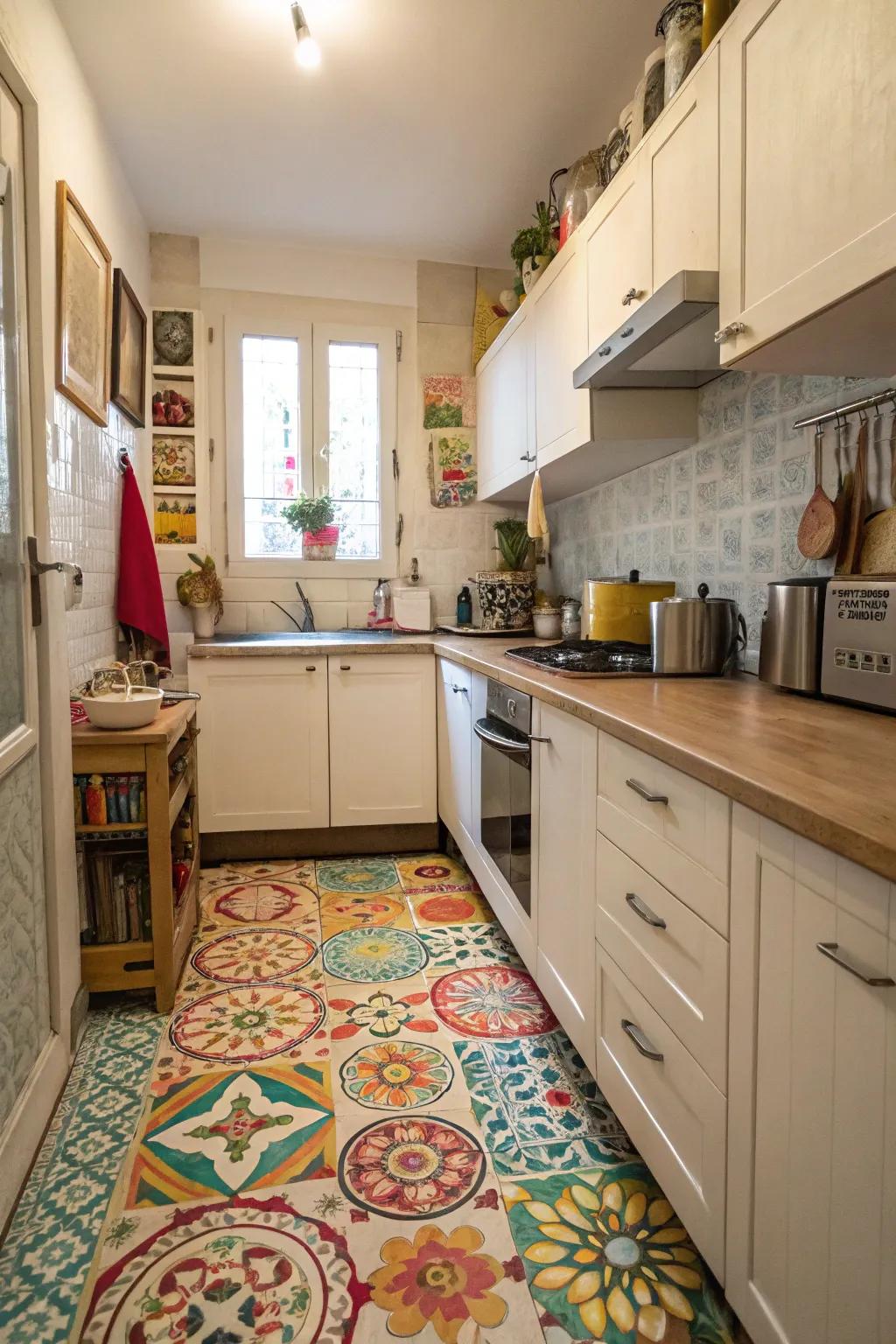 In a small kitchen, patterned flooring makes a striking statement.