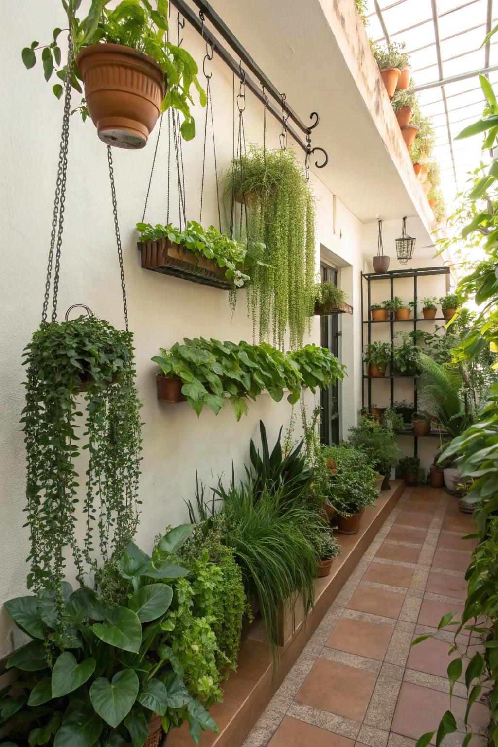 Hanging gardens utilizing vertical space in a small area.