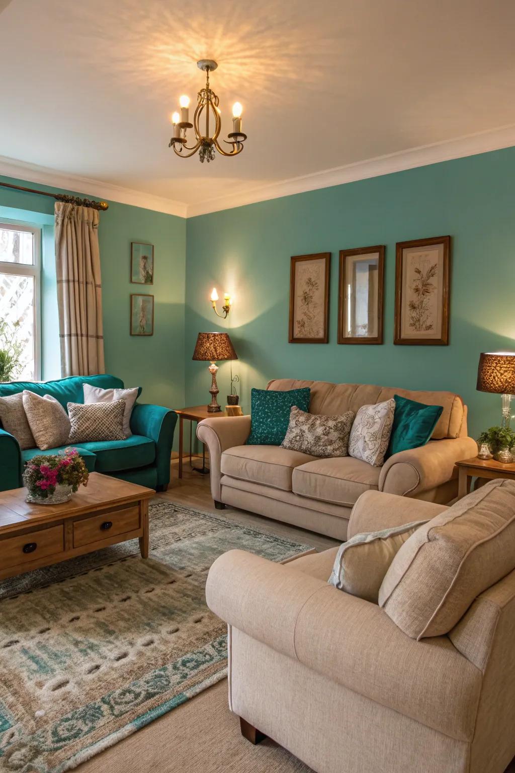 Teal and taupe create a warm and inviting living room.