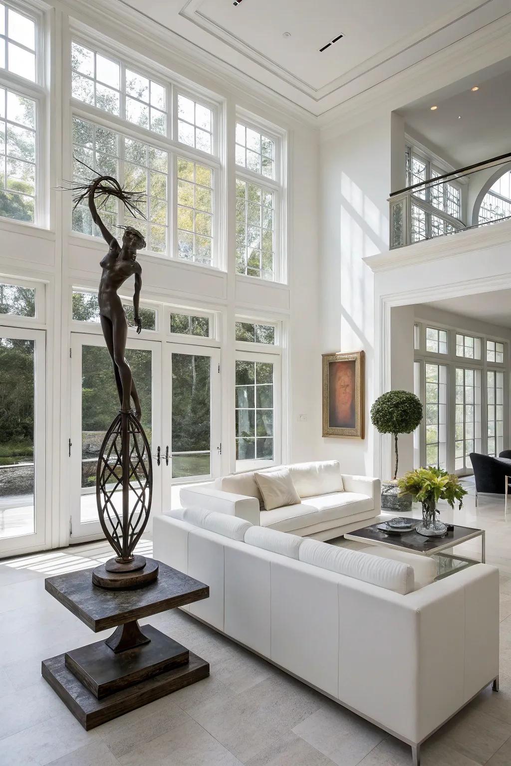 An artistic sculpture adds character to a modern white living room.