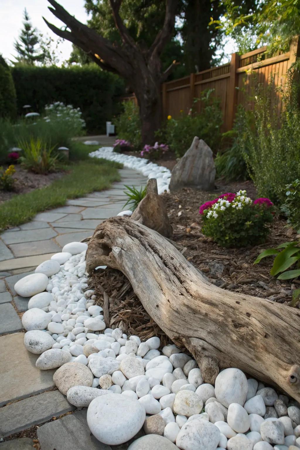 An elegant blend of seaside wood and alabaster stones in a garden, evoking coastal allure.