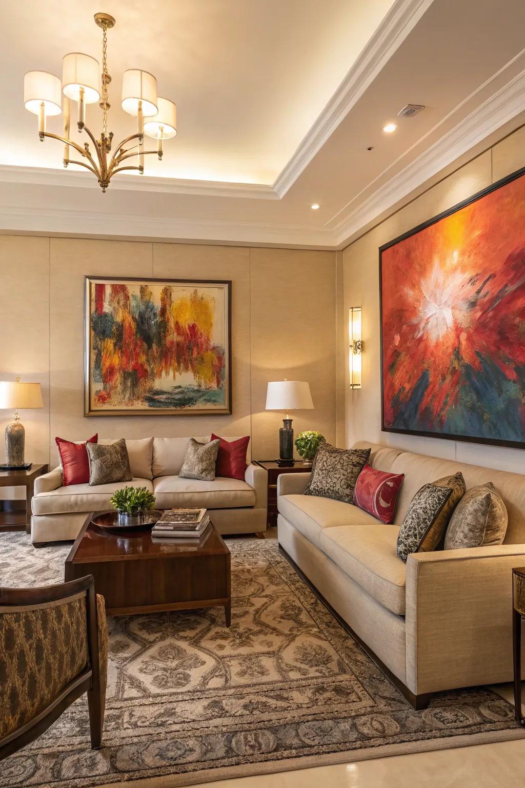 A bold artwork creating a central attraction in a dimly lit living room.