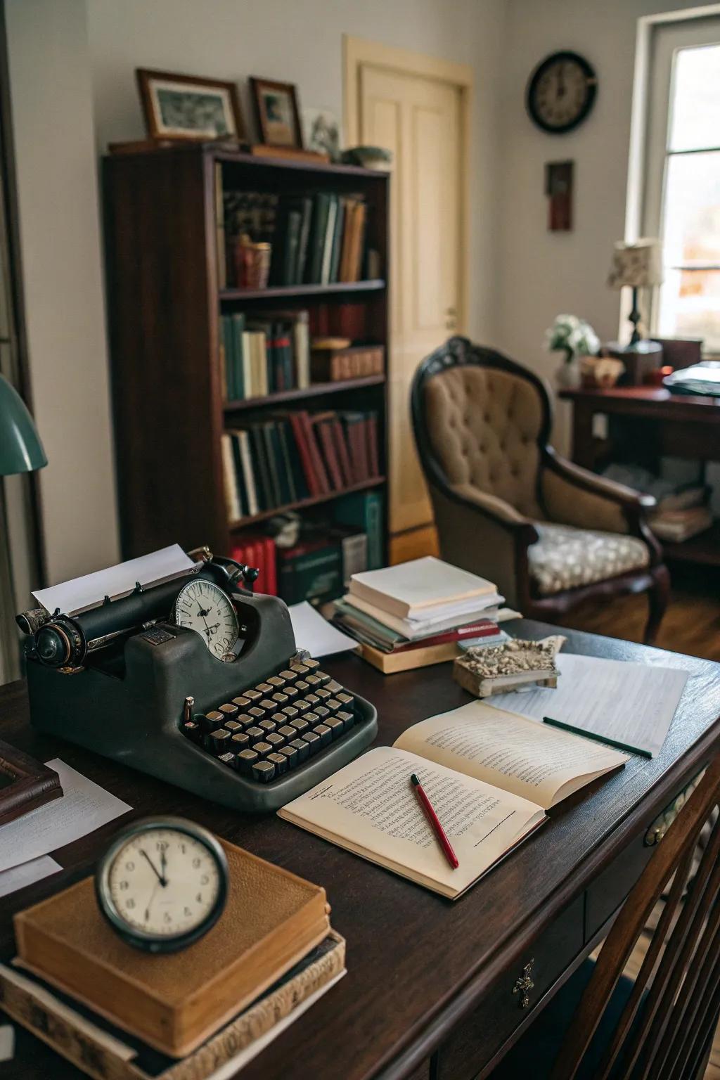 Vintage accents impart a unique charm to the office space.