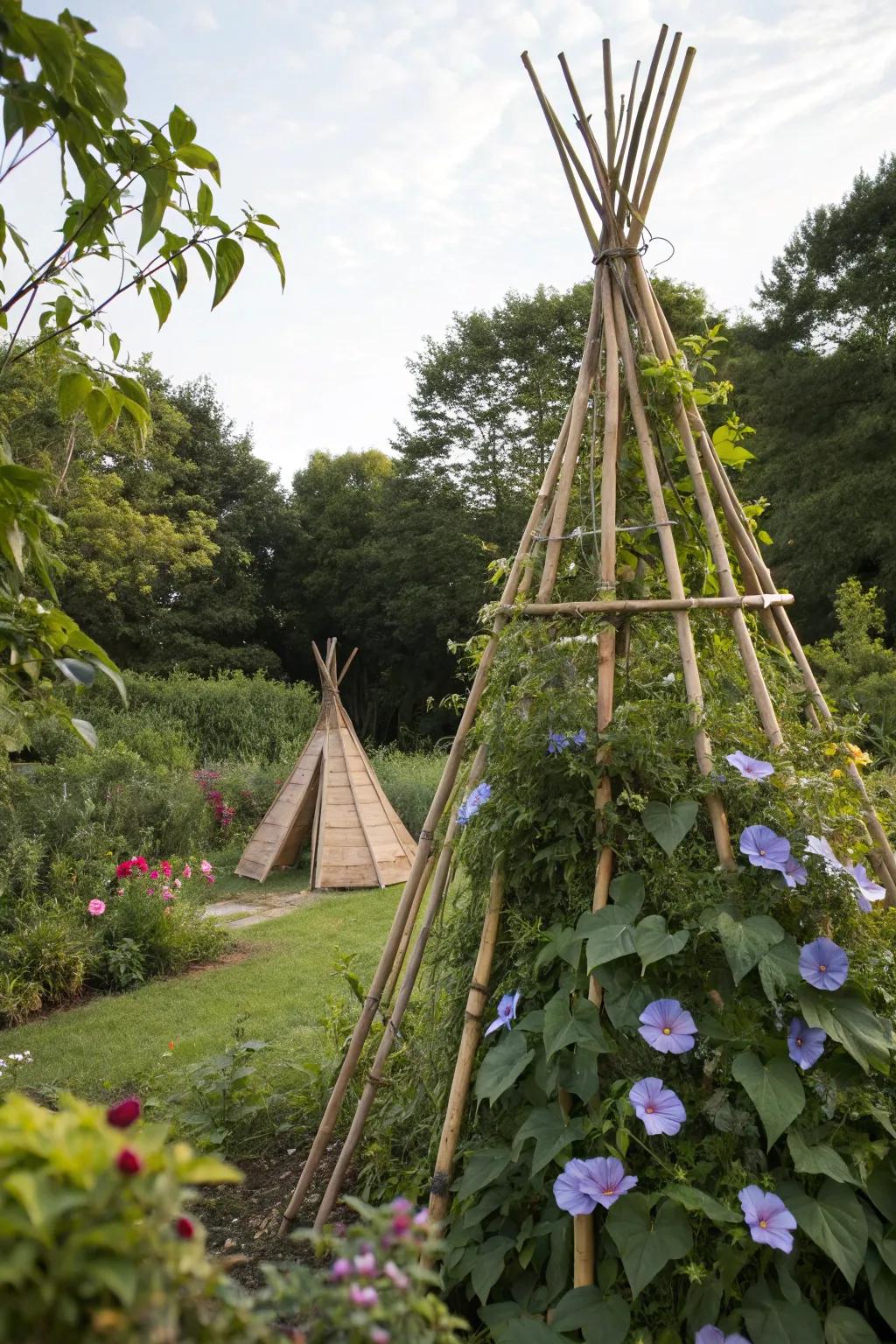 A bamboo teepee structure serving as a whimsical garden focal point.