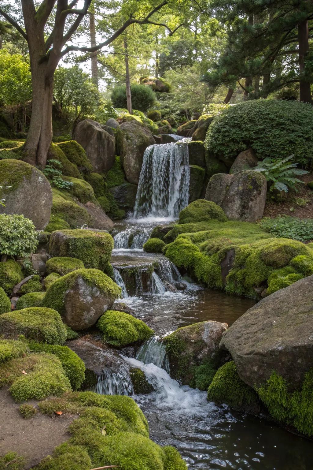 A serene garden cascade flowing across exuberant moss stones.