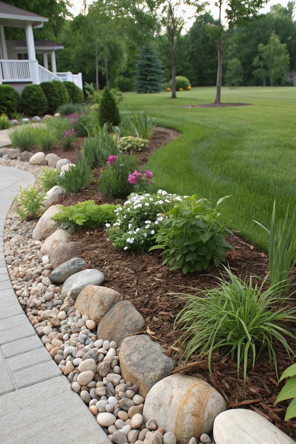 Stones and mulch create a balanced garden border.