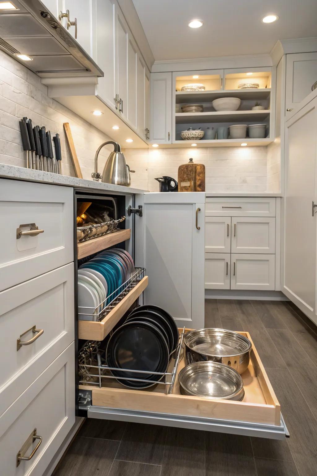Under-cabinet storage using pull-out trays in a narrow kitchen layout.