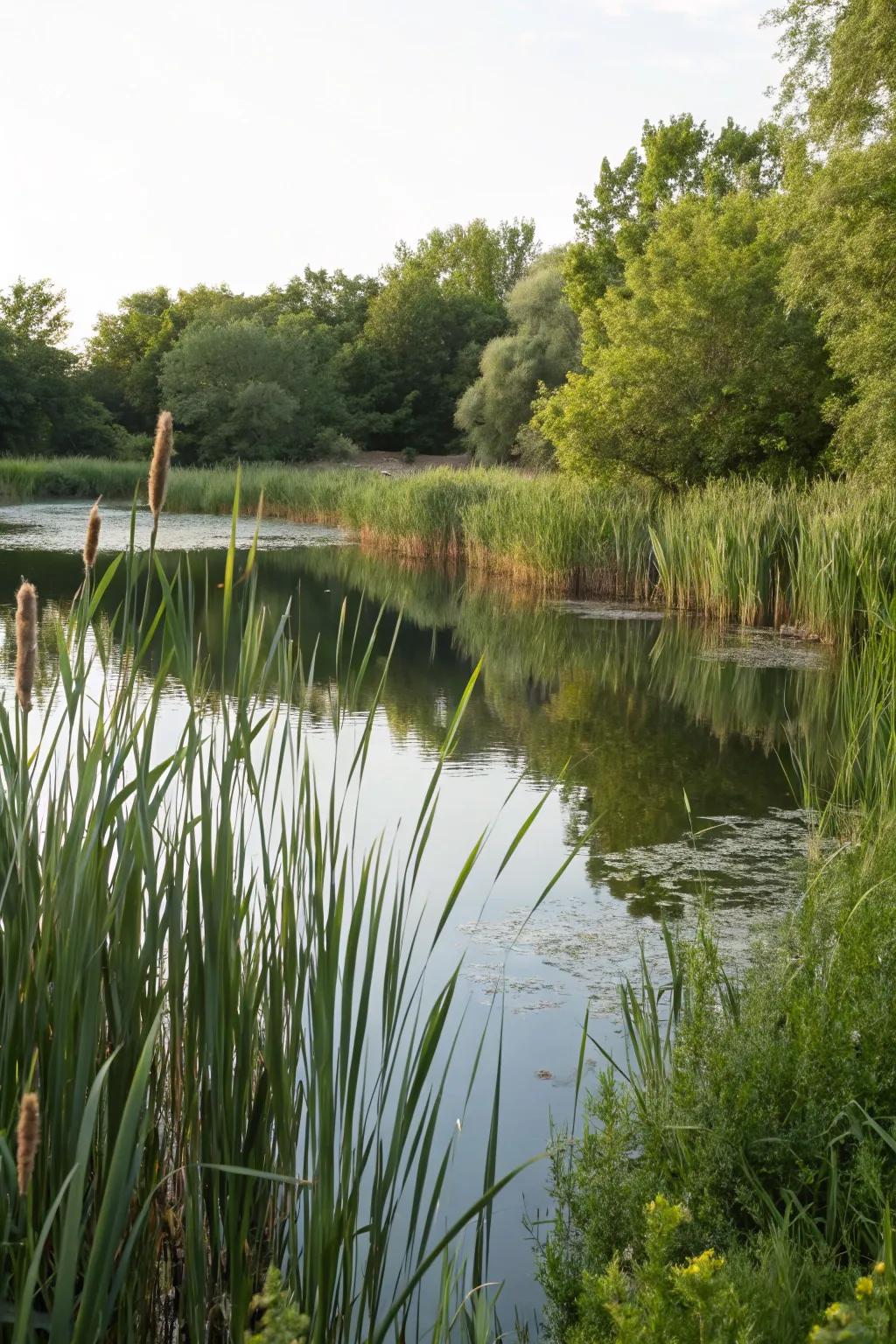 Tall plants providing vertical interest and a natural backdrop for a pond.