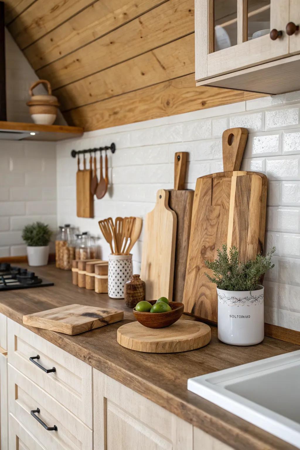 Small wood accents that subtly enhance the cooking area's warmth.