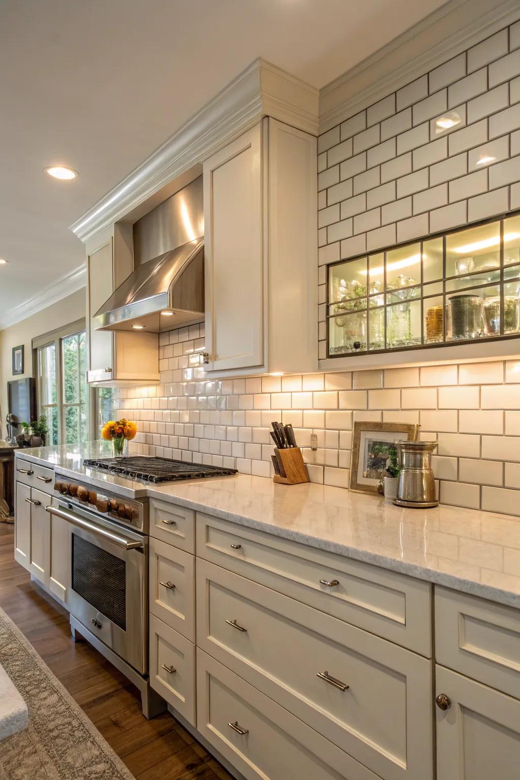 Reflective subway tiles add a hint of glamour to the kitchen.