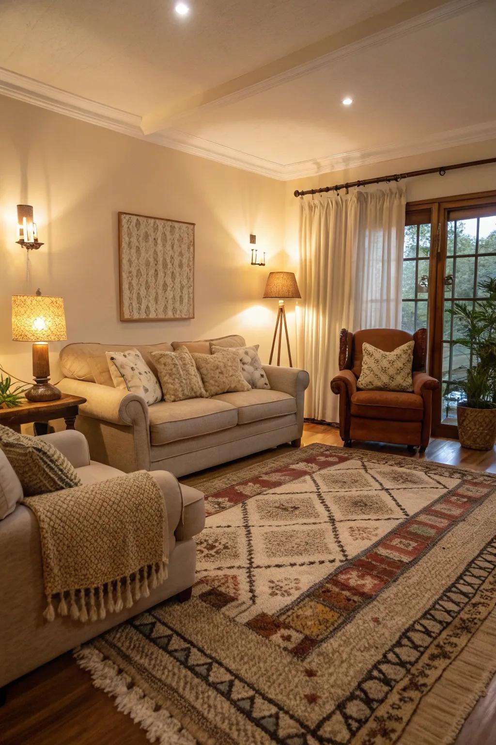 Layered rugs bring warmth and dimension to a cozy living space.