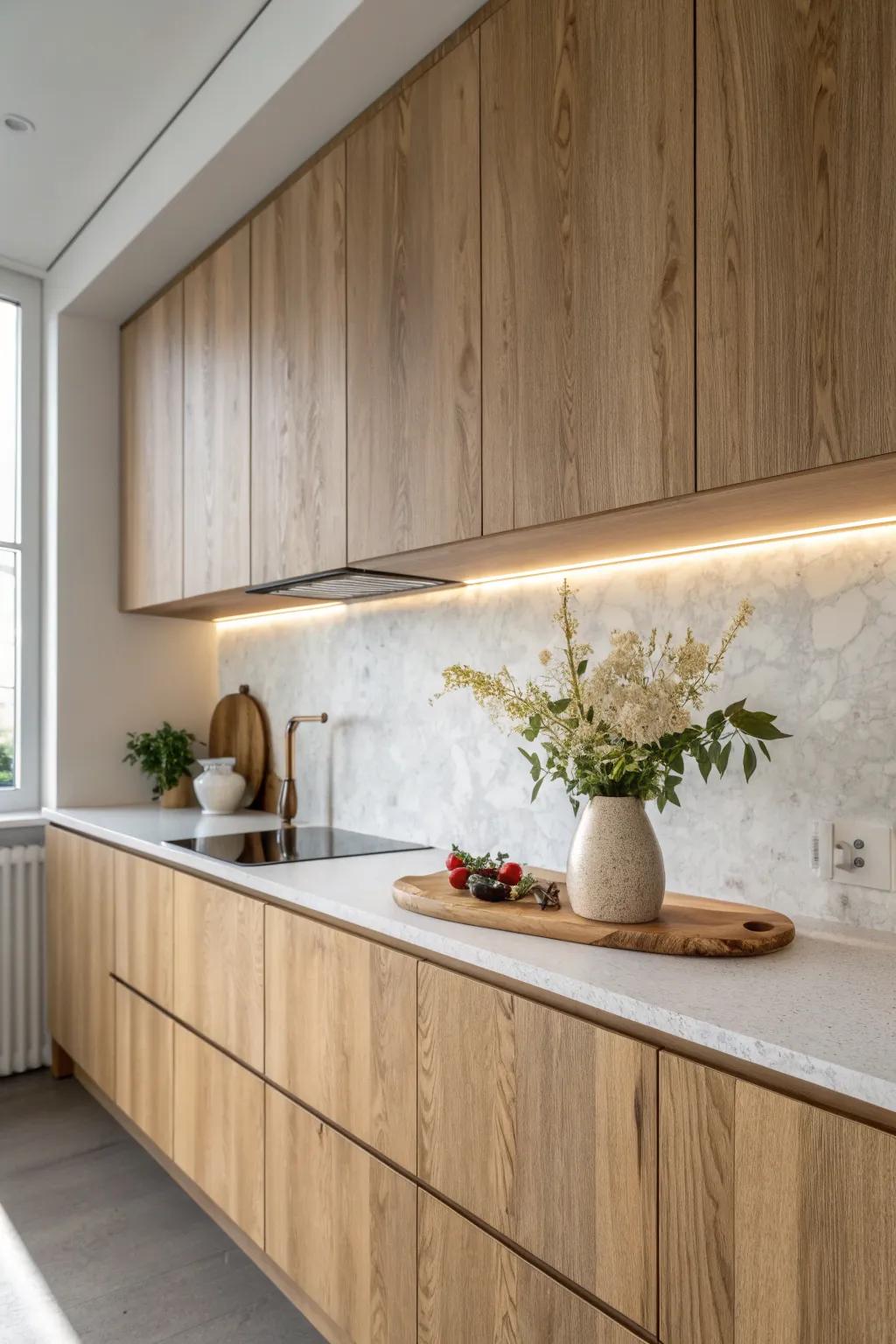 Embrace simplicity and elegance with a grout-free laminate backsplash, the perfect blend of minimalist design and natural beauty. #LaminateLove