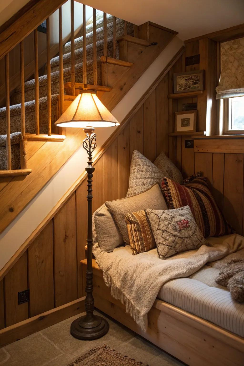 A skillfully fashioned alcove situated beneath the staircase, ideally suited for moments of solitude.