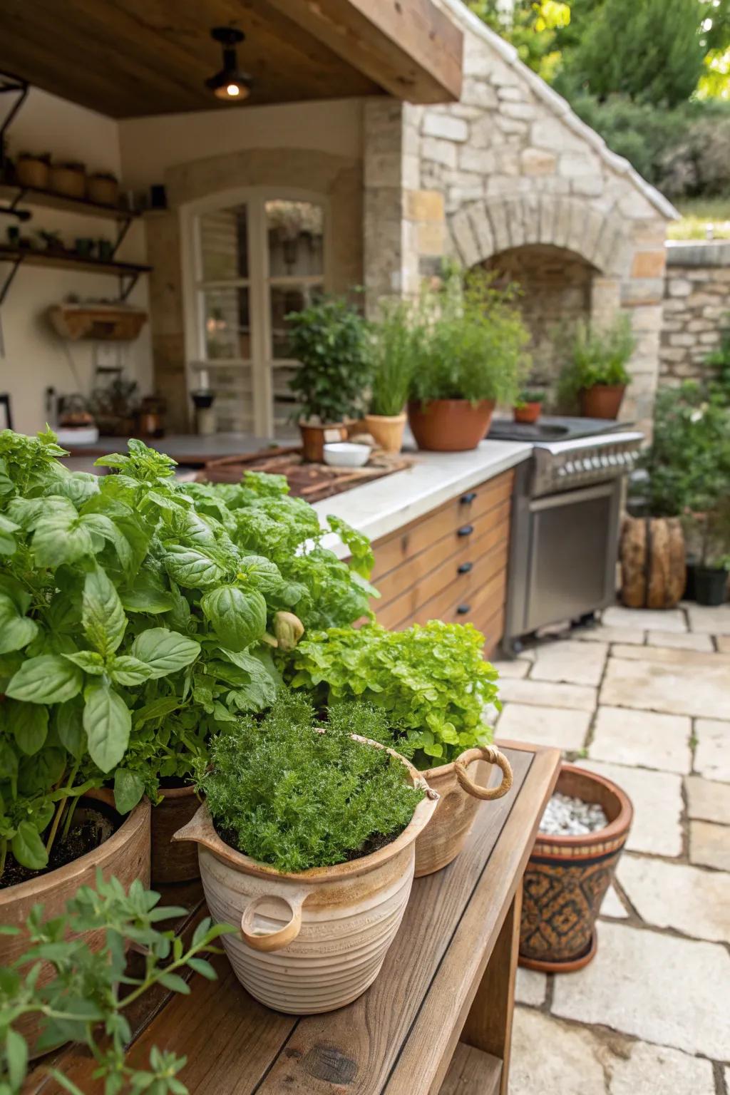 Herb gardens bring freshness and color to outdoor kitchens.