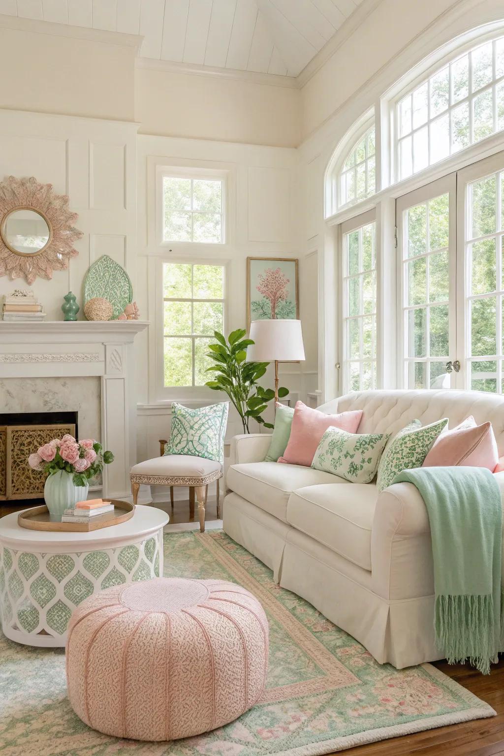 Pastel accents bring a serene touch to a pale ivory living room.