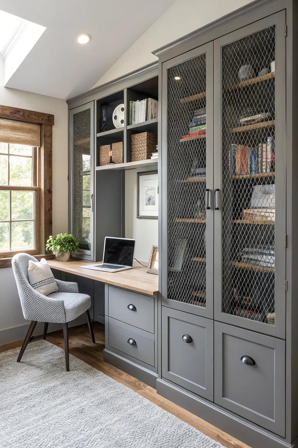 Metal mesh inserts add a unique twist to cabinets.