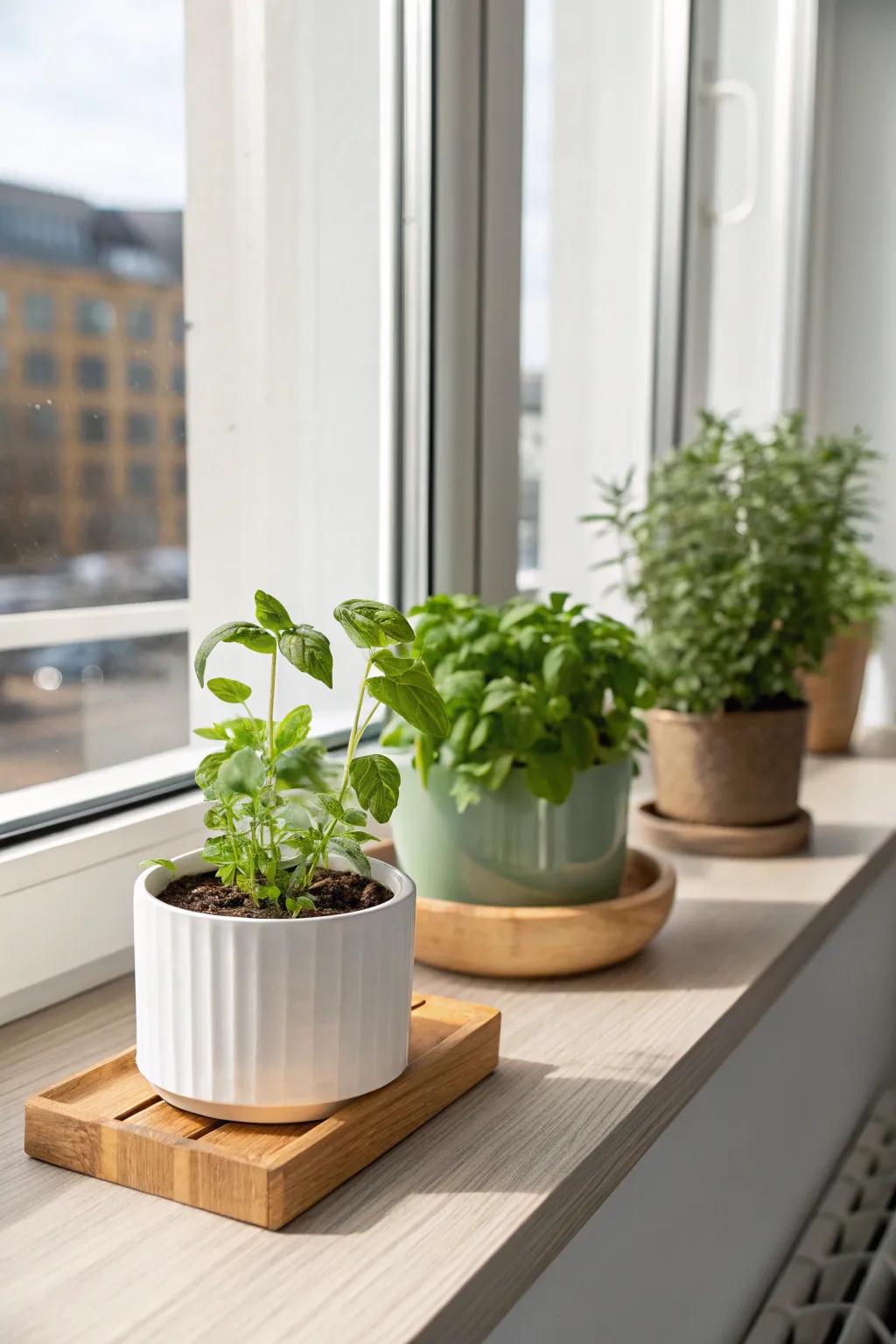 Bring freshness to your office with a small herb garden, perfect for culinary delights right at your desk.