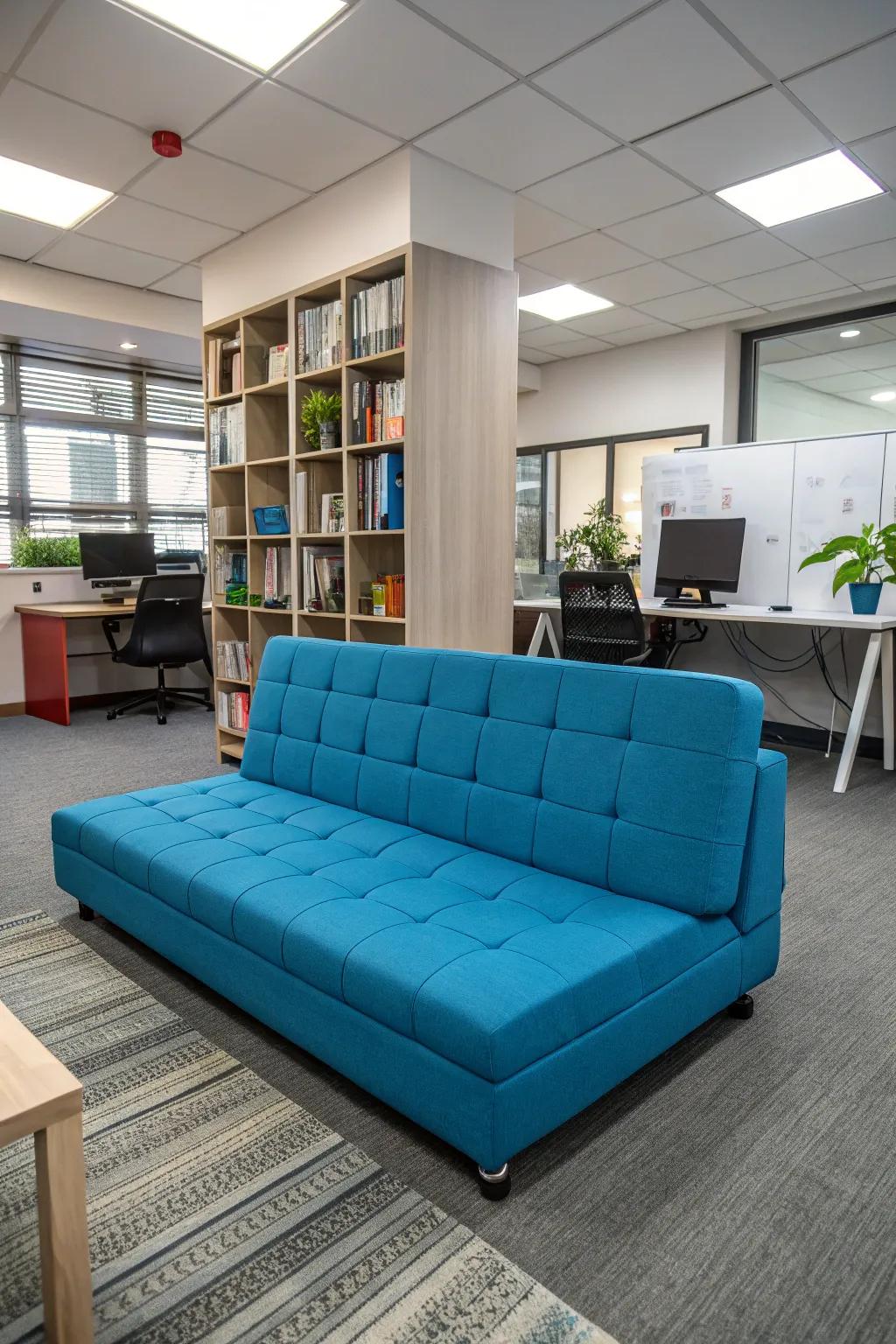 A vibrant couch brings a striking presence.