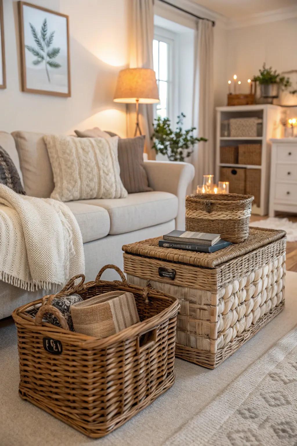 Wicker baskets add texture and warmth to the space.