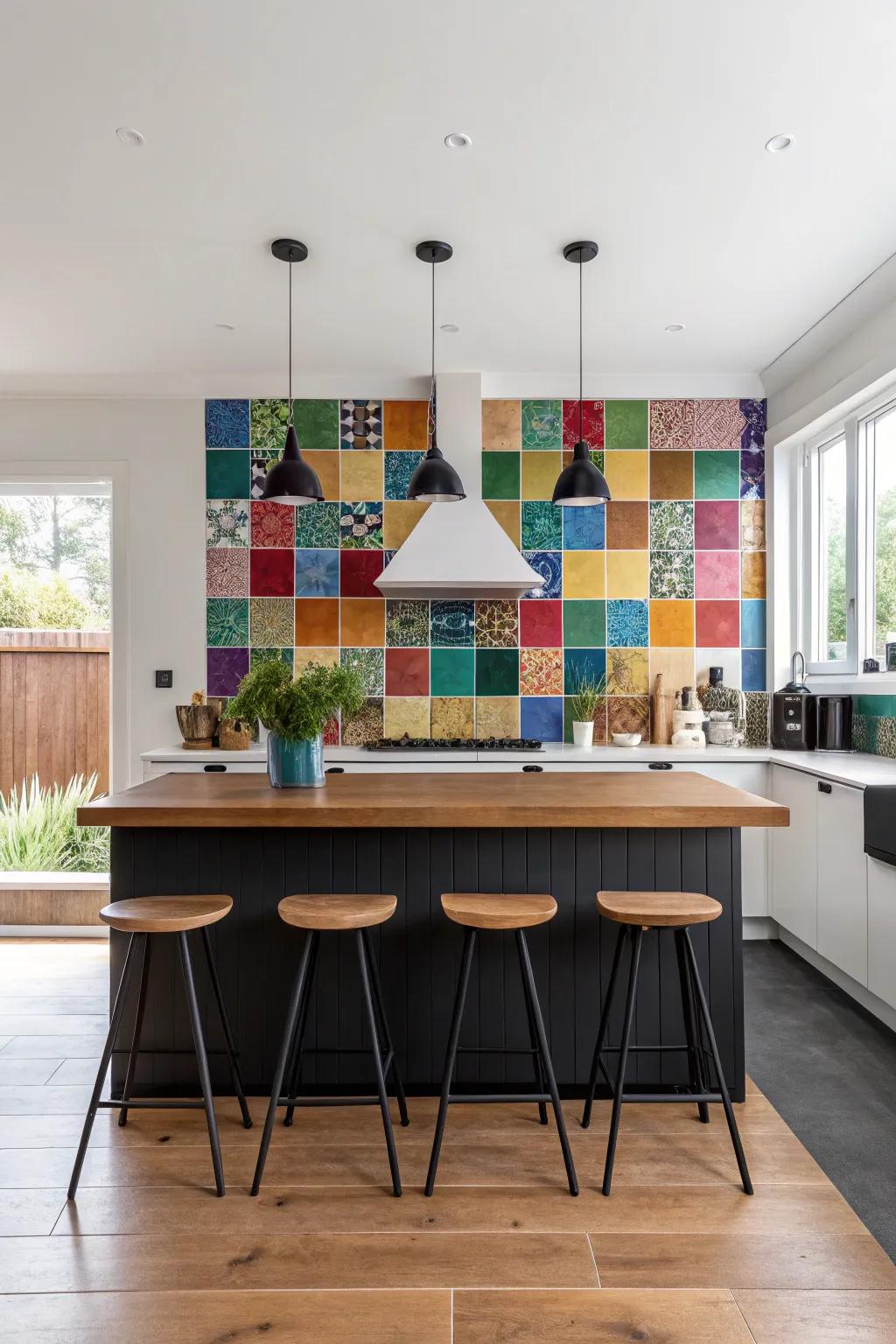 A bold backsplash adds character and style to the kitchen.