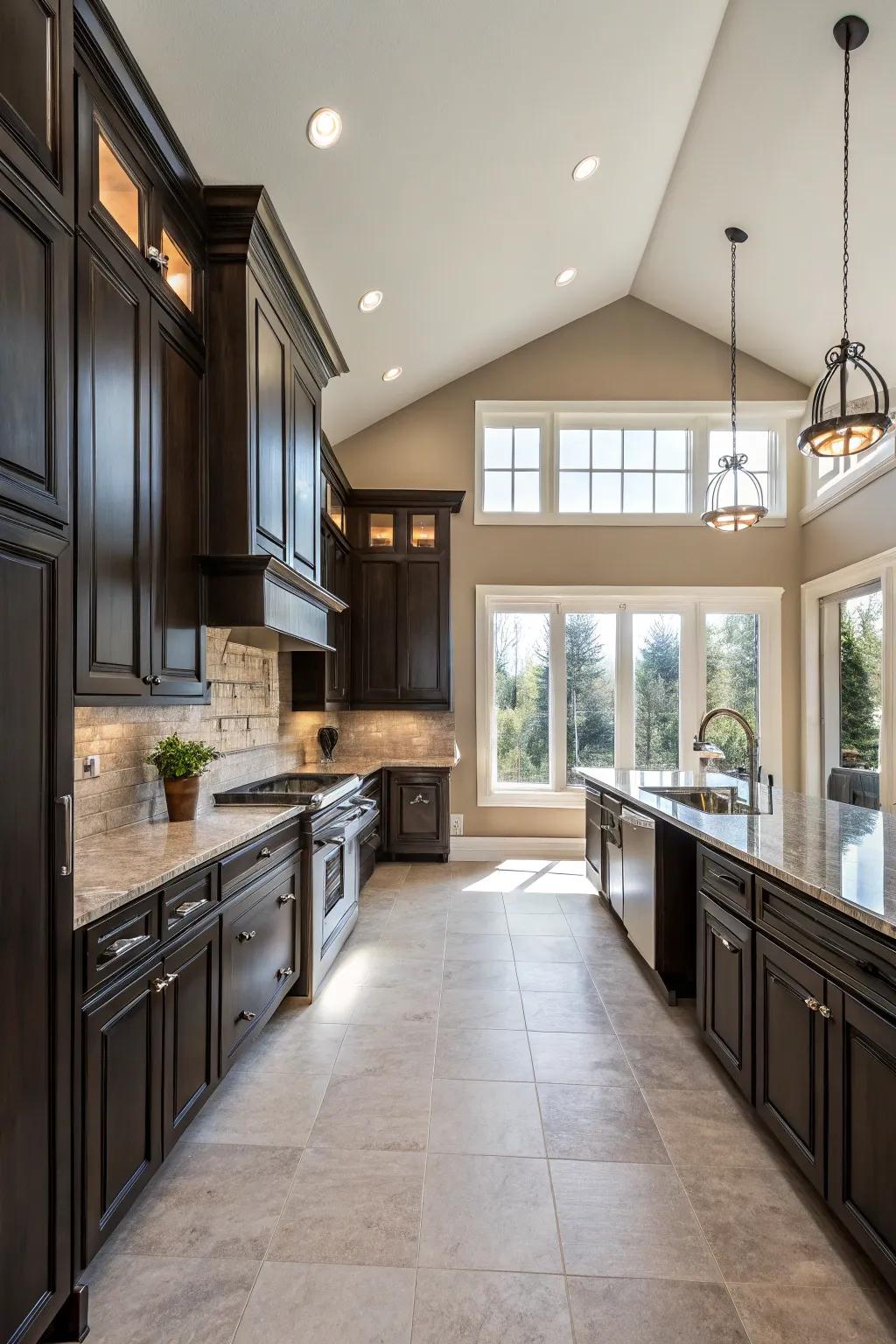 Dark elements provide a striking contrast, enhancing the kitchen's depth.