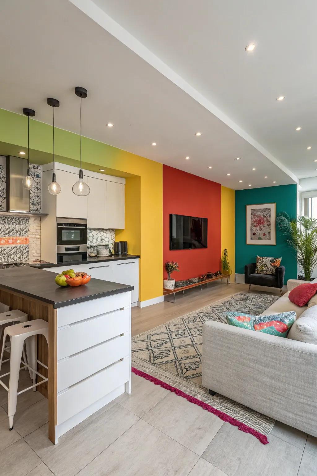 Color partitioning brings vibrancy to open living areas.