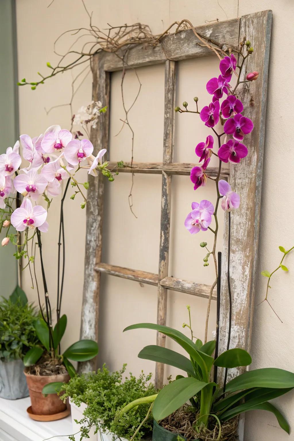 Transform a vintage window frame into a stunning orchid trellis for a touch of elegance and history.