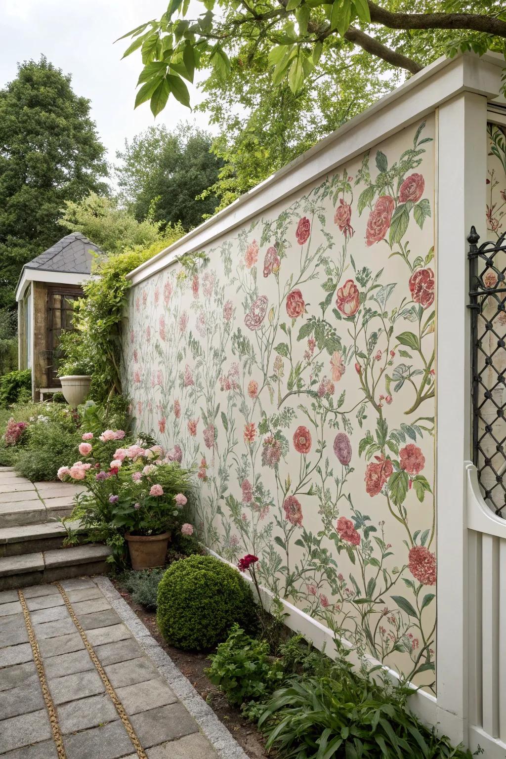 Patterned wallpaper gives daring character to garden walls.